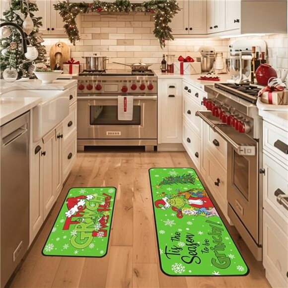 Set of 2 Grinch Christmas Kitchen Mats, Non-Slip Waterproof Rugs, 17x29 & 17x48 - Picture 4 of 7